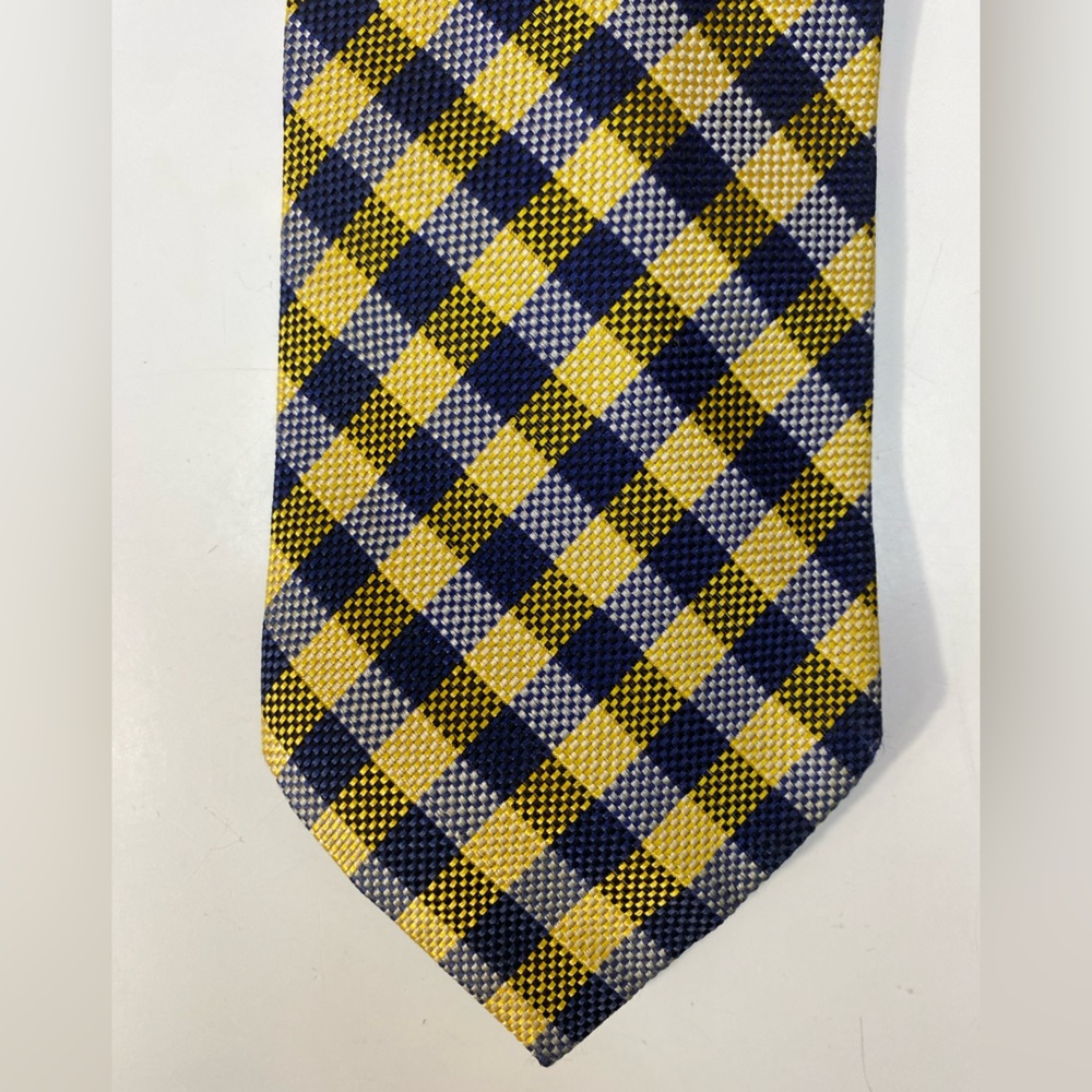 Hugo Boss Tie Blue & Yellow Checkered Pattern Woven Silk Necktie Italy 57”x4.25”